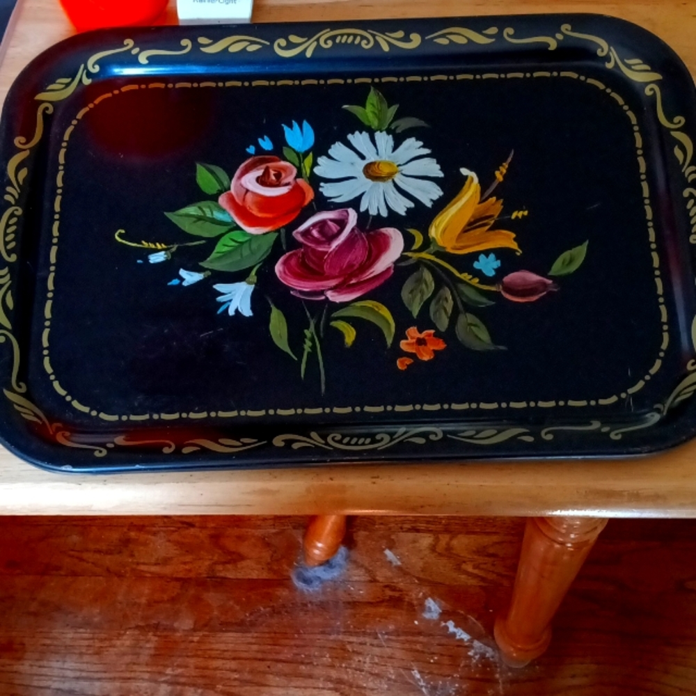 Vintage handpainted decorated tole metal tray.